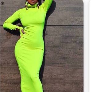 Neon green long sleeve turtle neck midi dress